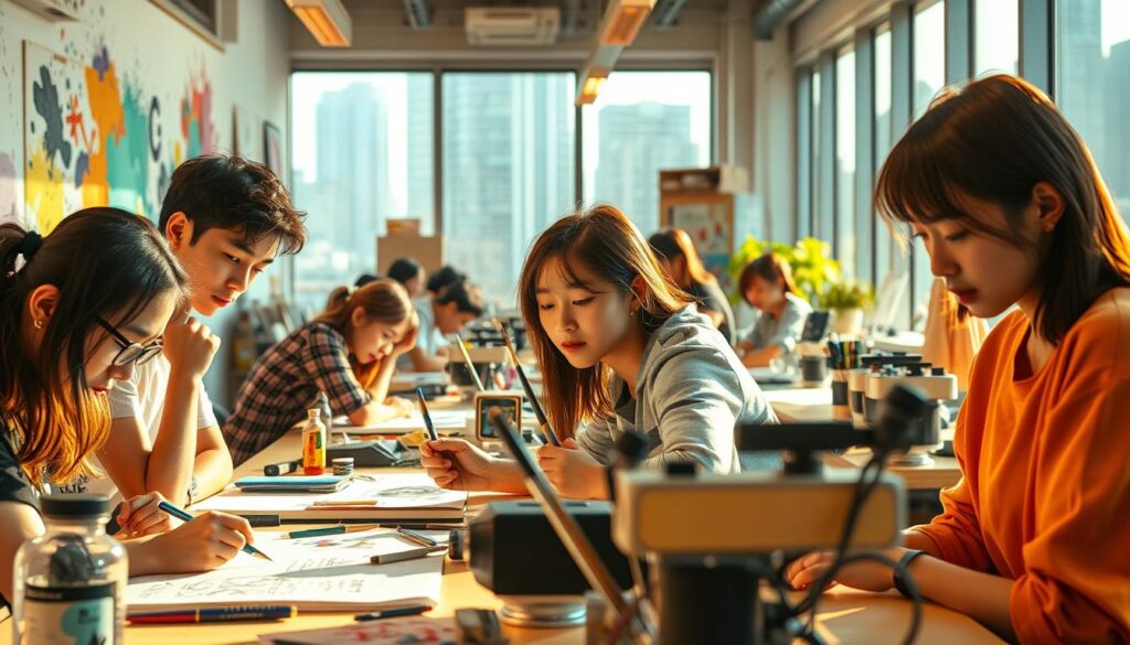 A bustling creative workspace, bathed in warm, natural lighting. In the foreground, a group of young, focused individuals, their features reflecting the Japanese aesthetic, lean over their desks, immersed in their craft. Vibrant splashes of color, brushstrokes, and sketches adorn the walls, hinting at the diverse talents and passions that thrive in this dynamic environment. In the middle ground, innovative tools and materials are neatly arranged, ready to bring their ideas to life. The background reveals large windows, offering a glimpse of the urban skyline, a reminder of the limitless possibilities that await these creative minds. An atmosphere of inspiration, collaboration, and a quest to push the boundaries of their craft permeates the scene.