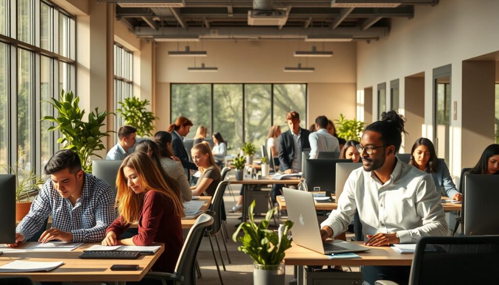 A bustling modern office space, flooded with warm natural light streaming through large windows. Neatly arranged desks and workstations, with a mix of young professionals collaborating intently, their expressions focused yet relaxed. The atmosphere is one of productivity and harmony, with a subtle sense of harmony and intuition guiding their interactions. In the background, a sleek, minimalist décor in neutral tones creates a calming, zen-like ambiance. The camera captures the scene from a slightly elevated angle, showcasing the dynamic yet balanced nature of this INFJ-friendly work environment.