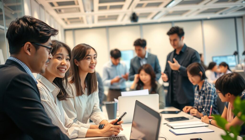 A bustling office scene, where a group of young Japanese-looking professionals engage in lively discussions. The foreground features two colleagues leaning in, their faces animated as they exchange ideas. The middle ground showcases a team brainstorming session, with team members gesturing passionately and jotting down notes. The background portrays a serene yet focused atmosphere, with employees typing at their desks or gathered around a conference table. Soft, warm lighting illuminates the scene, creating a sense of collaboration and camaraderie. The overall mood is one of productive, yet friendly, workplace interaction.