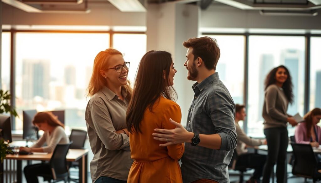 A bustling office setting, with a group of young professionals in a lively discussion. The lighting is warm and inviting, capturing the dynamic energy of the space. In the foreground, three individuals stand facing each other, gesturing animatedly as they collaborate on a project. Their expressions convey a sense of engagement and camaraderie. In the middle ground, other colleagues work at their desks, immersed in their tasks. The background features a large window overlooking a vibrant cityscape, suggesting a modern, well-appointed workplace. The overall scene reflects the vibrant, collaborative nature of the work environment, highlighting the appeal of professions that involve meaningful human interactions.