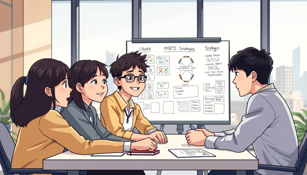 A bustling scene of a diverse MBTI team engaged in a lively collaborative exercise. The foreground features four young Japanese-looking individuals seated around a table, their facial expressions reflecting deep concentration as they discuss personality types and strategies. Behind them, the middle ground showcases a whiteboard with MBTI-related diagrams and notes, while the background captures a modern, well-lit office setting with large windows overlooking a cityscape. The lighting is natural and soft, creating a contemplative atmosphere as the team delves into the nuances of personality assessment and team building.