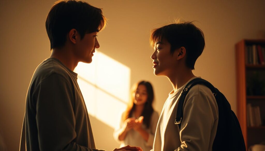 A captivating portrait showcasing the dynamic interplay between ESFP romantic partners and close friends. In the foreground, two young Japanese individuals lock eyes, their body language conveying a palpable chemistry and deep emotional connection. Warm, natural lighting bathes the scene, casting a soft, intimate glow. In the middle ground, the pair engage in animated conversation, their expressions lively and animated, reflecting the vibrant, expressive nature of their ESFP personalities. The background is a serene, minimalist setting, allowing the focus to remain on the interpersonal dynamics unfolding. The overall mood is one of warmth, intimacy, and the unique bond shared between ESFP individuals in both romantic and platonic relationships.