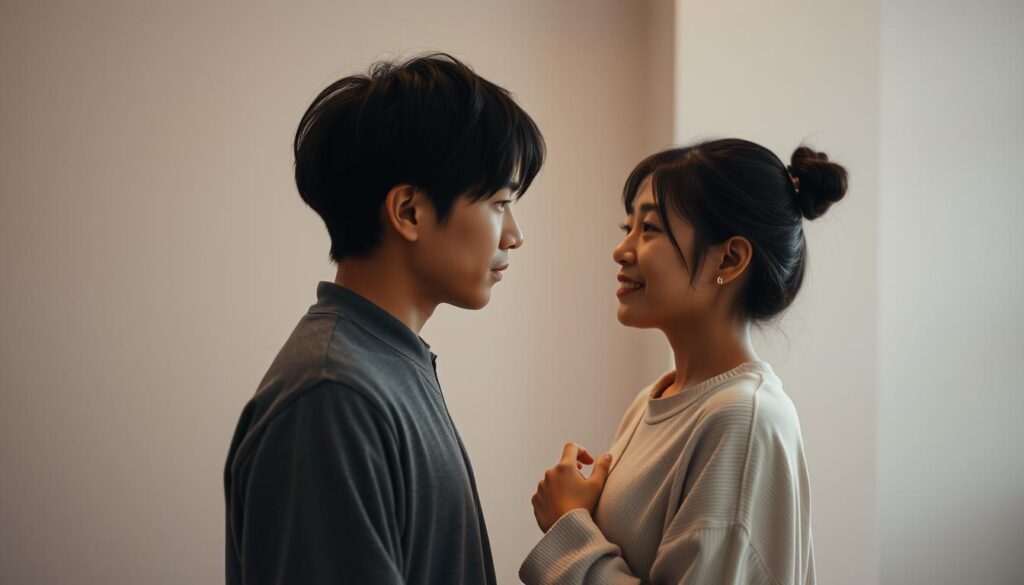 A captivating scene of two young Japanese individuals, a man and a woman, engaging in a deeply emotional moment of connection. The pair stand facing each other, their gazes locked in a profound exchange of understanding. Soft, warm lighting bathes their features, highlighting the nuanced expressions and vulnerability they share. The background is a serene, minimalist space, allowing the focus to remain solely on the intimate, almost palpable synergy between them. The atmosphere conveys a palpable sense of empathy, as if the viewer can feel the resonance of their shared experiences. This image perfectly encapsulates the essence of the "感覚的な共感" concept, visually reflecting the depth of interpersonal connection.