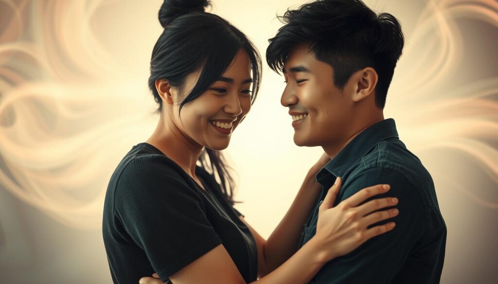 A captivating scene of young Japanese-looking lovers, their faces radiant with the intensity of their connection. In the foreground, their bodies intertwine, limbs entangled as they embrace passionately, their expressions conveying the depth of their emotions. In the middle ground, a swirling, ethereal background of soft, blurred shapes and hues, suggesting the transformative nature of their bond. Subtle lighting highlights the contours of their features, casting a warm, romantic glow. The composition is balanced, with a sense of movement and energy that draws the viewer into the intimate moment, capturing the synergistic and conflicting aspects of their ESTP and ENFP relationship.