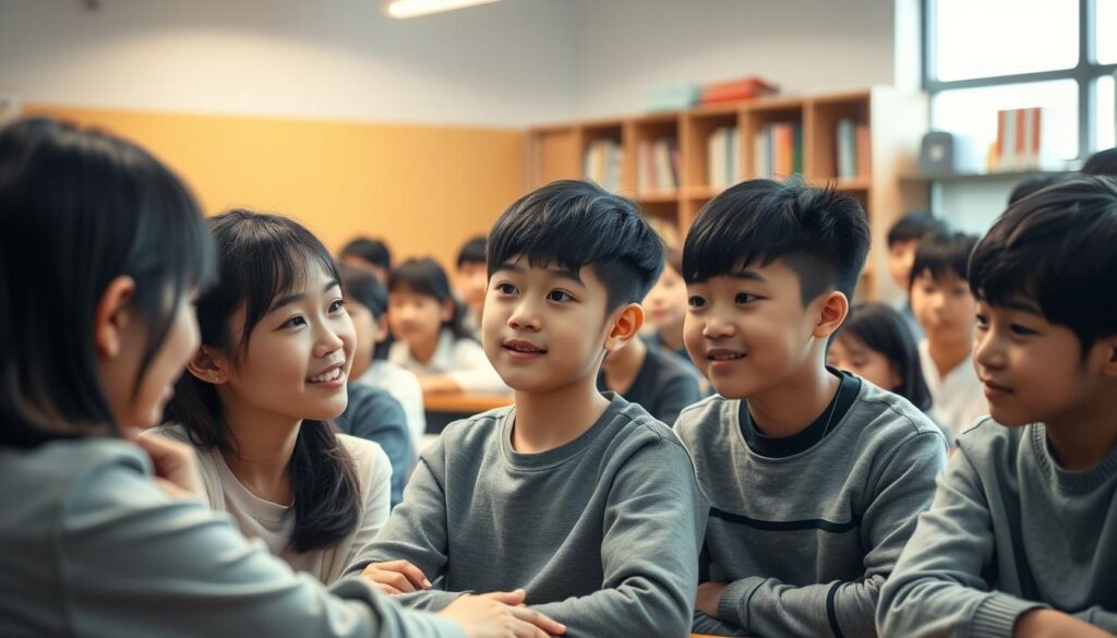 A classroom filled with attentive young Japanese students, their faces radiating compassion and understanding. Soft, warm lighting illuminates the scene, creating an atmosphere of nurturing and care. In the foreground, a teacher guides a student, their body language conveying empathy and concern. The middle ground features engaging group discussions, students leaning in, their expressions reflecting deep focus and mutual support. The background showcases an orderly, well-equipped learning environment, filled with educational resources that inspire intellectual growth. This image captures the essence of the educational field, where the power of shared emotions and collaborative learning thrives.