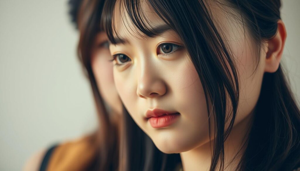 A close-up photograph of two young Japanese people standing side by side, their faces conveying a serene and focused expression. The lighting is warm and natural, with a slight soft-focus effect that adds a sense of depth and atmosphere. The individuals are positioned in the foreground, with a blurred background that suggests a minimalist, neutral setting. Their body language and eye contact suggest a strong sense of intuition and empathy, embodying the concepts of "direct perception" (直感力) and "compassion" (共感力). The overall mood is contemplative and introspective, capturing the essence of the INFJ personality type and its potential impact on one's career.