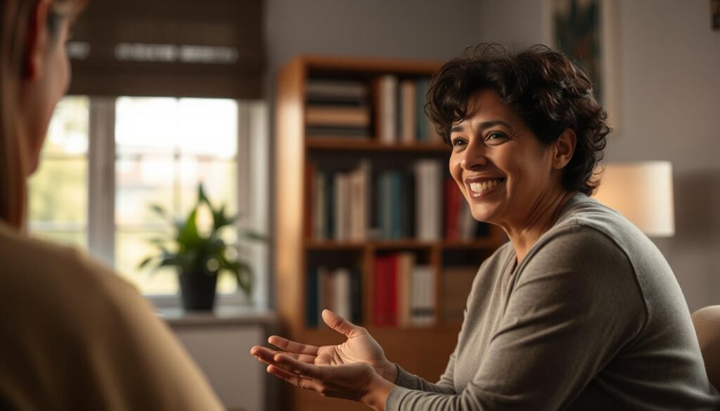 A compassionate counselor with a warm, empathetic gaze, sitting across from a client in a cozy, dimly lit office. Soft, natural lighting filters through the windows, creating a sense of intimacy and trust. The counselor's expression radiates genuine understanding and care, their body language open and inviting. In the background, a bookshelf filled with psychology texts and a potted plant hint at the counselor's expertise and dedication to their craft. The overall scene evokes a safe, nurturing space where clients can feel heard and supported.