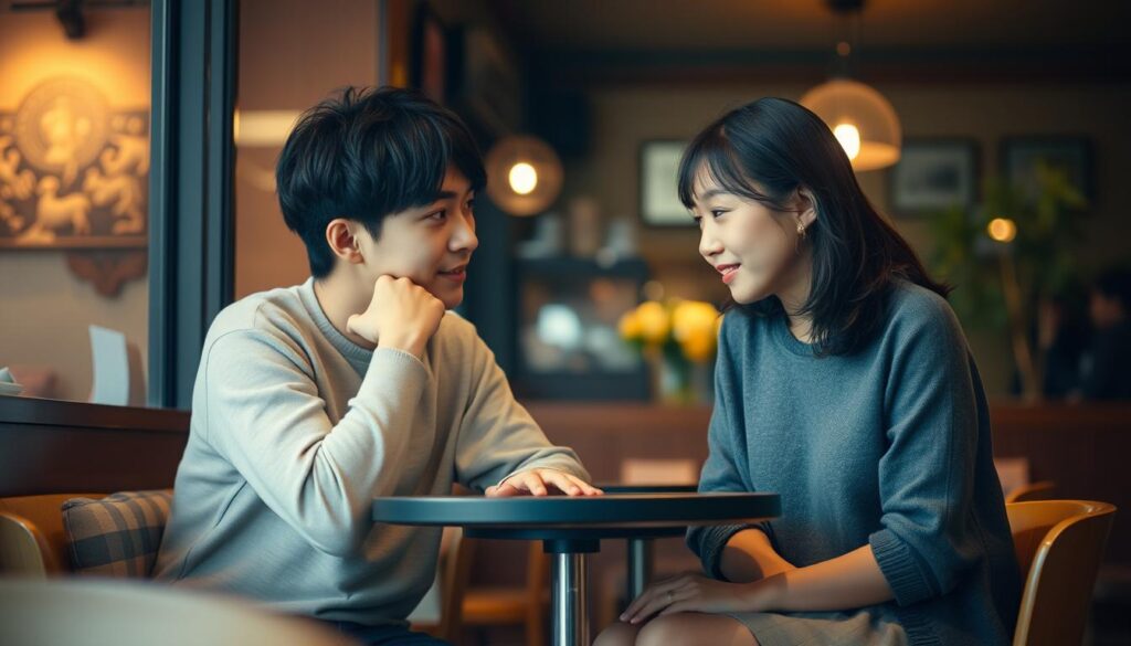 A cozy cafe interior with two young Japanese-looking individuals, a man and a woman, sitting at a small table, engaged in deep conversation. The warm lighting casts a soft glow, creating an intimate atmosphere. The pair lean towards each other, their body language suggesting a meaningful exchange. The background is blurred, focusing the viewer's attention on the couple's interaction and the thoughtful expressions on their faces, conveying the importance of communication and frequency of contact in a relationship.