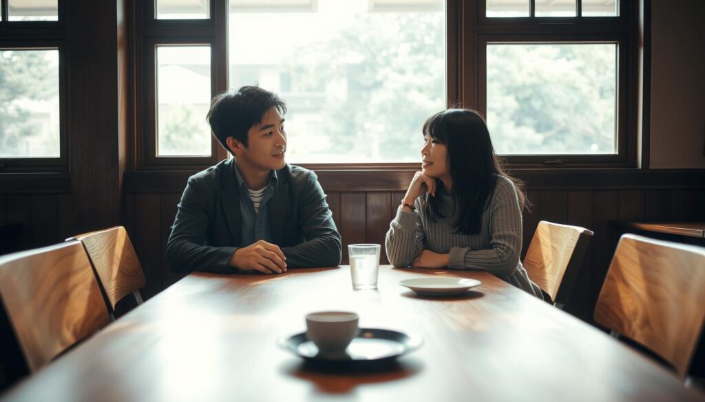 A cozy cafe setting, warm natural lighting filters through large windows. Two young Japanese people, a man and a woman, sit across a wooden table, engaged in earnest conversation. Expressions are open, body language relaxed, conveying a sense of trust and understanding. In the background, the cafe's minimalist decor lends an air of serenity. The frame is composed to draw the viewer's attention to the interactions between the two individuals, highlighting the tranquil, intimate atmosphere conducive to building authentic connections.