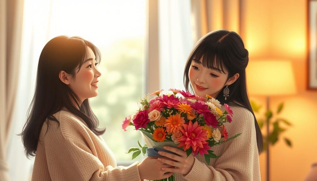 A cozy, intimate scene of a young Japanese couple surprised by a special romantic gesture. The woman's face lights up with delight as her partner presents a bouquet of vibrant flowers against a softly blurred background. Warm, natural lighting filters through a window, casting a gentle glow on the intimate moment. The composition draws the viewer in, capturing the joy and affection shared between the two figures. Detailed, realistic rendering emphasizes the emotional connection, creating a heartwarming illustration of a thoughtful expression of love.
