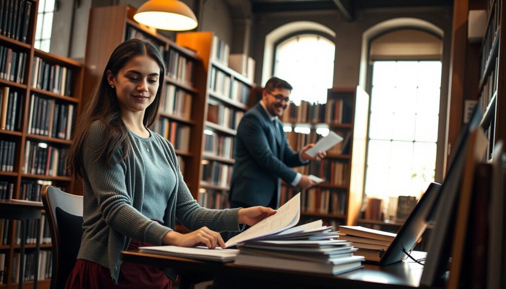 A cozy library interior with sunlight streaming through large windows, illuminating two figures engrossed in their work. In the foreground, a young, attentive woman in a cardigan and skirt sits at a desk, meticulously organizing event planning materials. In the middle ground, a bespectacled man with a warm smile shelves books, his movements graceful and precise. The background is filled with towering bookshelves, their spines creating a serene, scholarly atmosphere. The lighting is soft and inviting, capturing the passion and dedication of these two professionals as they immerse themselves in their roles as event planner and librarian.