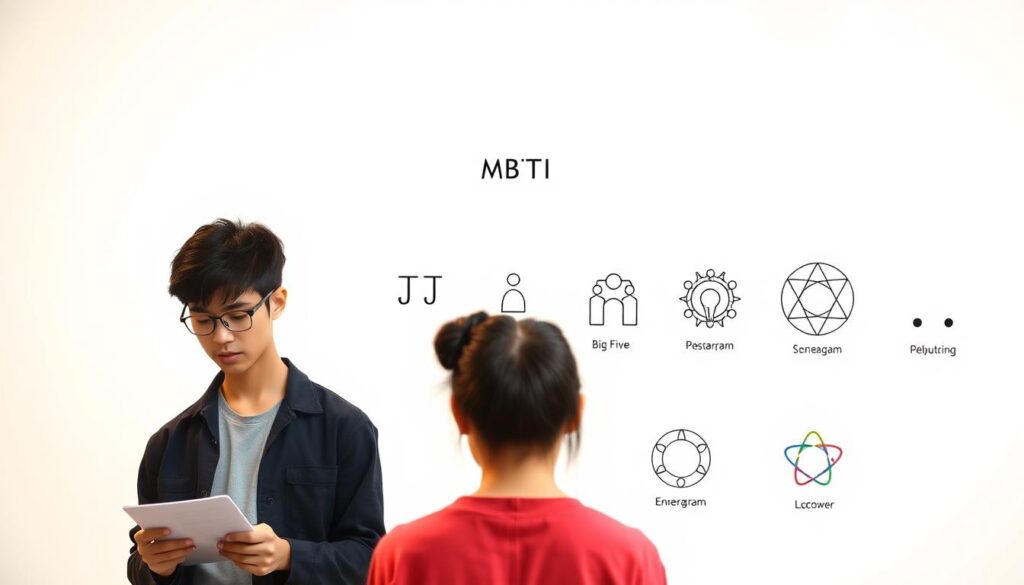 A detailed and precise comparison of various personality assessment methods against a stark white background. The foreground features three young, Asian-looking individuals in realistic photographic style, each engaged in a different personality test activity - one taking a written test, another using a digital interface, and the third participating in a group discussion. The middle ground showcases a selection of well-known personality models such as MBTI, Big Five, and Enneagram, represented by simplified icons. The background is illuminated by warm, directional lighting, creating a sense of scientific and analytical atmosphere befitting the subject matter.