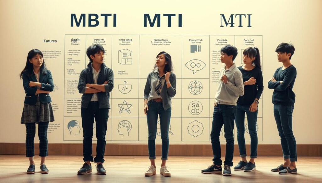 A detailed comparison of MBTI personality types, showcasing the distinct characteristics and dynamics between them. In the foreground, five young Japanese-looking models stand in a thoughtful pose, capturing the essence of their unique psychological profiles. The middle ground features subtle visual cues and symbols representing the nuances of each type, while the background maintains a warm, natural lighting that sets a contemplative mood. The composition emphasizes the subtle differences and interplay between the personalities, inviting the viewer to explore the insights of this complex subject matter.