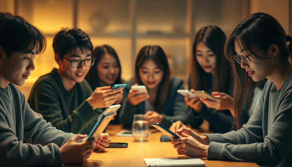 A detailed, hyper-realistic scene of a group of young Japanese-looking people in their 20s gathering around a table, deeply engaged in their smartphones and laptops. The warm, soft lighting creates a cozy, intimate atmosphere. The scene conveys a sense of information sharing, creative collaboration, and lively discussion happening online. The foreground features the group's faces illuminated by the glow of their digital devices, while the middle ground shows their hands gesturing as they interact. The background is blurred, hinting at a modern, minimalist interior design. The overall mood is one of productive, tech-savvy individuals immersed in the digital world.