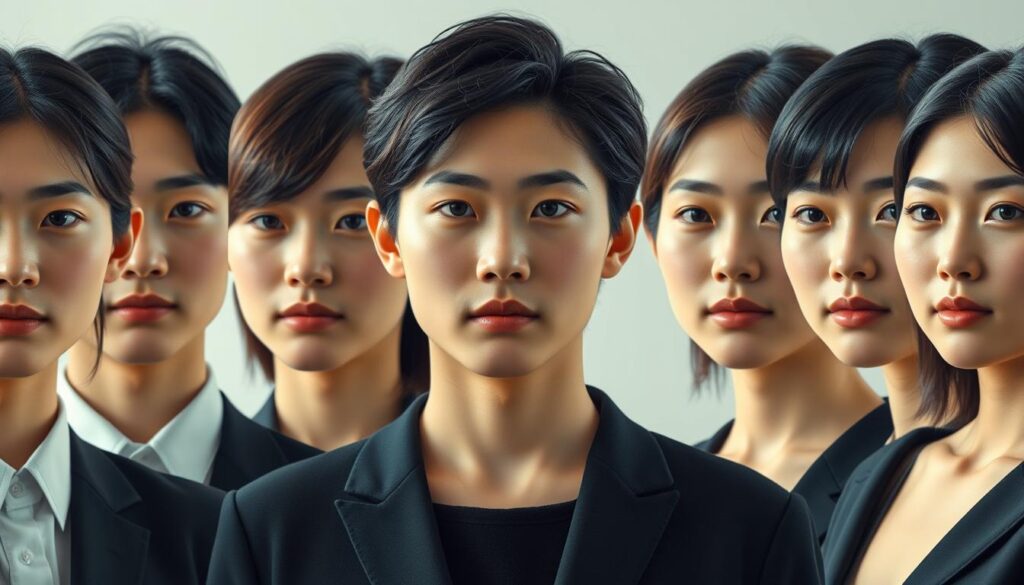 A detailed, realistic comparison of the 16 MBTI personality types, depicted through the lens of their cognitive function stacks. A sophisticated lineup of young, Japanese-looking models, each representing a distinct personality with a nuanced expression. Soft, natural lighting illuminates their faces, allowing the intricate interplay of their psychological processes to shine through. The composition is meticulously balanced, with each figure occupying a distinct space, creating a sense of order and structure that reflects the analytical nature of the subject matter. The overall mood is contemplative, inviting the viewer to delve into the complexities of the human psyche.
