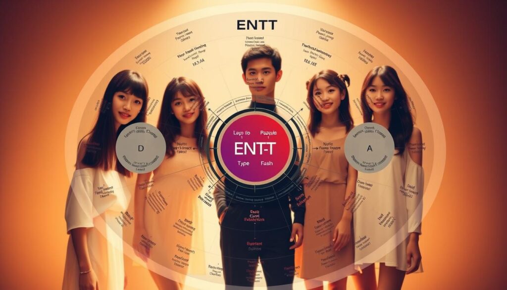 A detailed, realistic graphic depicting the compatibility between ENTP-T personality types and other MBTI types. The central focus is a large, striking diagram showing the various MBTI types and their synergistic or conflicting relationships, with a color-coded key. In the foreground, a group of young, attractive Japanese-looking models pose naturally, their expressions reflecting the harmony or tension between the types. The lighting is warm and inviting, creating a sense of depth and atmosphere. The background blends seamlessly, showcasing a minimal, clean design aesthetic that accentuates the diagram's clarity and visual impact.