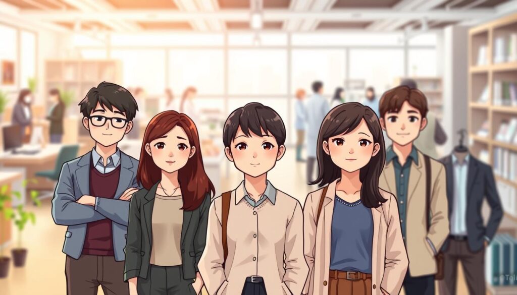 A detailed scene showcasing the interconnection between MBTI personality types and career choices. In the foreground, a group of young Japanese-looking individuals stand confidently, each representing a distinct MBTI type. The middle ground features a variety of professional settings, from a bustling office to a serene research lab, symbolizing the diverse career paths available. The background is softly blurred, creating a sense of depth and focus on the central figures. The lighting is natural and warm, conveying a sense of thoughtfulness and contemplation. The overall composition and mood aim to illustrate the nuanced relationship between MBTI and career selection.