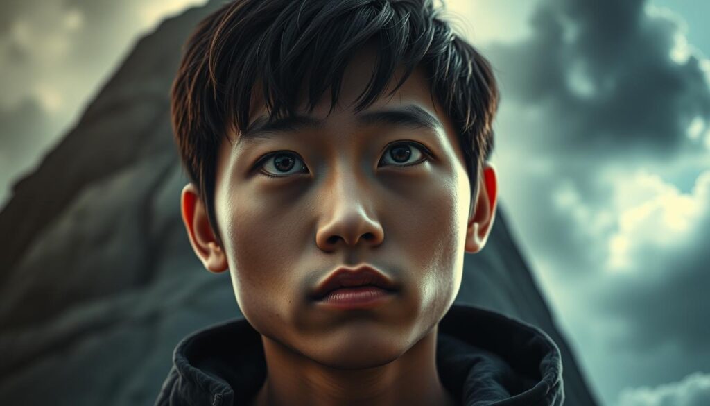 A determined person facing a towering challenge, their gaze resolute and unwavering. A dramatic composition with the subject in the foreground, framed by a backdrop of swirling clouds and dynamic light. The model's expression exudes a sense of focus and resilience, ready to overcome obstacles. Moody, cinematic lighting illuminates their youthful, Japanese-inspired features, capturing the gravity of the moment. The scene conveys the importance of an adventurous, fearless spirit - a crucial quality for thriving in one's career as an ENFP.
