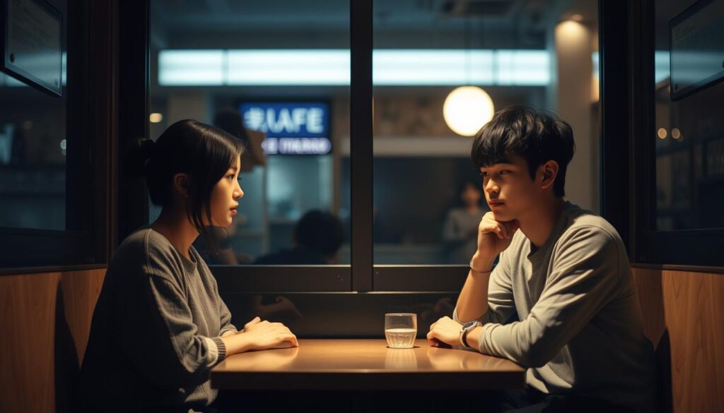 A dimly lit, cozy cafe interior. Two young Japanese individuals, a woman and a man, sit across from each other at a small table, maintaining a comfortable, contemplative distance. Soft, warm lighting casts a gentle glow, creating an atmosphere of tranquility and introspection. The woman's expression is pensive, her gaze slightly averted, while the man's posture is relaxed, his eyes thoughtfully fixed on his companion. The scene conveys a sense of intimacy without overt closeness, reflecting the practice of "quiet distance" in their interpersonal interactions.