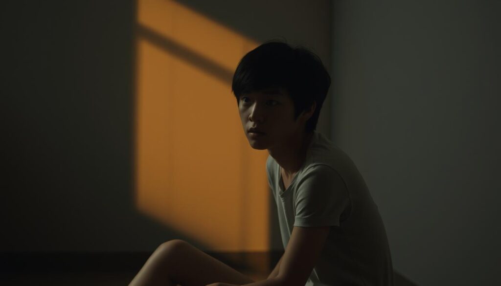 A dimly lit room, a young Japanese-looking person sits alone, their expression one of deep contemplation. Soft, warm lighting casts gentle shadows, creating an intimate, pensive atmosphere. The figure's body language conveys a sense of struggle, as if they are grappling with their own emotional vulnerabilities. The background is blurred, allowing the viewer to focus solely on the subject's inner journey towards overcoming their difficulties with emotional expression.