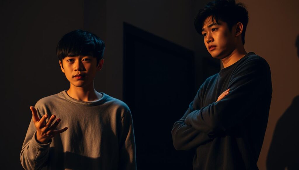 A dimly lit room, the air heavy with unspoken emotions. Two young Japanese-looking individuals, their faces etched with confusion and misunderstanding. One, with an inquisitive expression, reaching out, while the other, arms crossed, turns away, a pained look on their face. Soft, warm lighting casts long shadows, adding depth and a sense of intimacy to the scene. The focus is on the subjects, their body language and micro-expressions conveying the complex interplay of communication and perception.