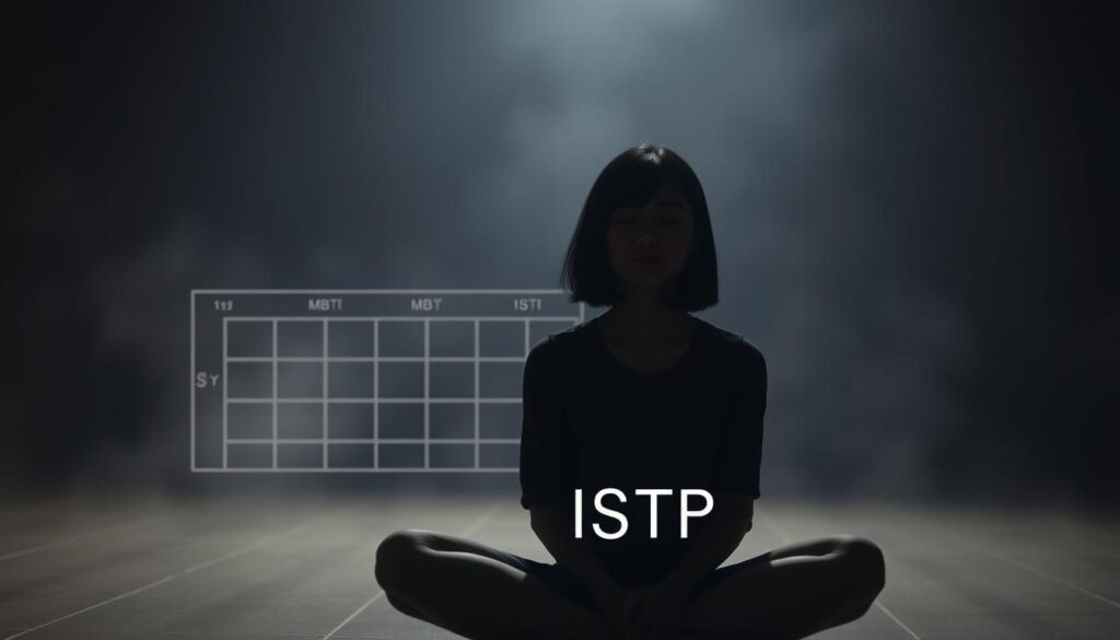 A dimly lit room, the atmosphere charged with introspection. In the foreground, a solitary figure sits cross-legged, eyes closed, lost in contemplation. Their features are youthful and Japanese-inspired, black hair framing a serene, focused expression. The middle ground reveals a grid-like structure, representing the MBTI framework, with the ISTP type highlighted and emphasized. The background is hazy, suggesting the nuanced and complex nature of personality types within this system. Soft, muted lighting casts a meditative glow, inviting the viewer to ponder the subject's unique position and significance within the MBTI landscape.