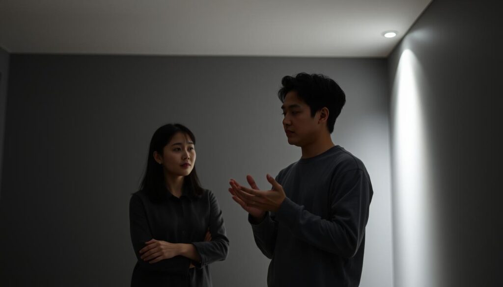 A dimly lit room with a minimalist, modern aesthetic. The walls are a calming shade of gray, and the lighting is soft and diffused, creating a contemplative atmosphere. In the center of the frame, two young Japanese individuals, a man and a woman, are engaged in a thoughtful discussion. Their expressions are serious, yet their body language suggests an openness and a desire to understand one another. The man gestures with his hands, explaining a point, while the woman listens intently, her brow furrowed in concentration. The scene captures the essence of logical communication - a meeting of minds, a careful exchange of ideas, and a shared pursuit of mutual understanding. The composition is balanced, with the figures occupying the foreground and the background remaining slightly blurred, drawing the viewer's focus to the central interaction. The overall mood is one of intellectual engagement and emotional connection, reflecting the theme of "感情表現と論理的コミュニケーション".