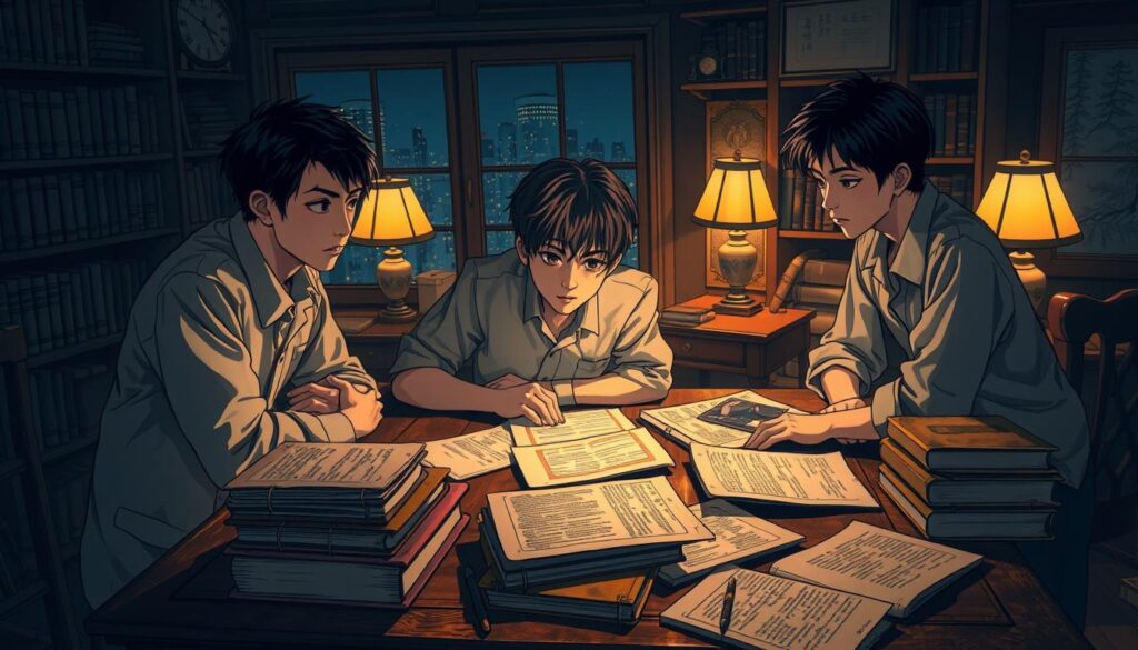 A dimly lit study with an antique desk, a stack of aged books, and a collection of historical documents scattered across the surface. In the foreground, three young Japanese-looking individuals lean over the desk, engrossed in examining the contents of the documents. Their expressions convey a sense of deep contemplation and intellectual curiosity. Soft, warm lighting illuminates the scene, casting subtle shadows that add depth and atmosphere. The background is filled with bookshelves, vintage lamps, and a window that allows a glimpse of a nighttime cityscape, hinting at the historical significance and academic nature of the setting. The overall mood evokes a sense of scholarly pursuit and the evolution of personality assessment over time.