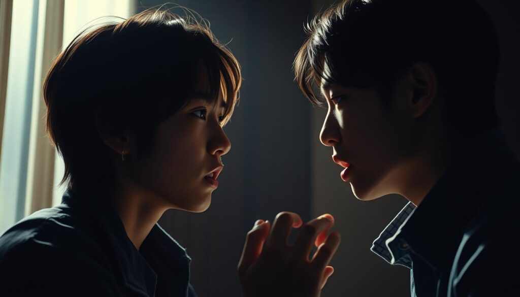 A dramatic clash of emotions and values unfolds in a dimly lit room. Two young Japanese individuals, their faces etched with intensity, engage in a tense confrontation. Soft, moody lighting casts deep shadows, heightening the sense of psychological turmoil. Their expressions convey a complex interplay of passions, beliefs, and the struggle to reconcile them. The scene is deeply personal, capturing the essence of the section's title, "心理的背景: 感情と価値観の衝突". The image evokes a sense of unease and the challenges of navigating interpersonal dynamics when one's feelings and principles collide.