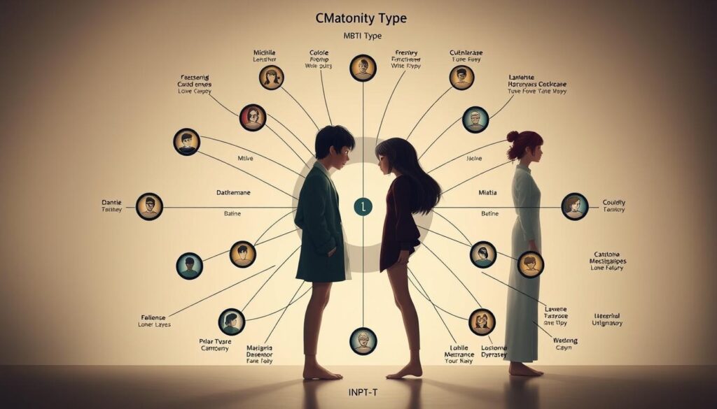 A dynamic and visually captivating MBTI compatibility matrix, showcasing the harmonious connections and potential conflicts between various personality types. The scene is set against a minimalist, yet sophisticated background, with each MBTI type represented by a young, Japanese-inspired figure, their facial features and body language conveying the essence of their respective personality. The lighting is subtle, creating depth and highlighting the nuances of the interpersonal dynamics. The composition is balanced, guiding the viewer's eye through the intricate web of relationships, inviting deeper exploration and understanding of the INTP-T's place within this complex matrix.
