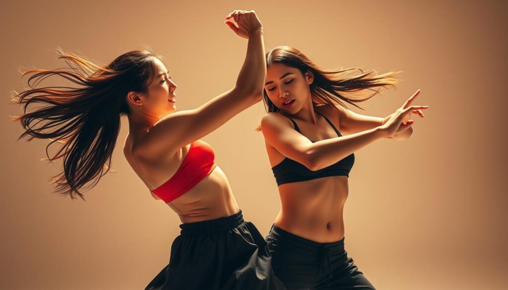 A dynamic duo of young, Japanese-inspired models engage in a vibrant, collaborative dance. Lithe, graceful movements flow in an energetic interplay, capturing the synergistic essence of an ENTP-T and ENFP dynamic. Warm, directional lighting accentuates the models' sculpted features and expressive gestures, creating a sense of tension and creative spark. The composition frames the figures in a seamless, naturalistic setting, conveying the fluid, symbiotic connection between the two personalities.