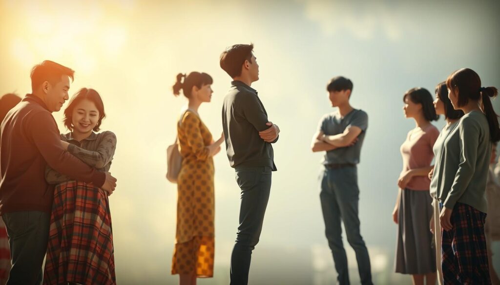 A group of diverse individuals, each representing a unique aspect of human relationships, stand in a harmonious balance. In the foreground, a warm embrace between a pair conveys the depth of familial bonds. In the middle ground, a lively discussion among friends highlights the vibrant dynamics of camaraderie. In the background, a solitary figure contemplates the intricate web of interpersonal connections, creating a sense of introspection. Soft, natural lighting illuminates the scene, lending an air of tranquility. The figures, rendered in a realistic, photographic style, possess youthful, Japanese-inspired features, capturing the essence of the chosen demographic. The resulting image reflects the nuanced differences between friendships and familial ties, embodying the theme of "the varied balance of human relationships."