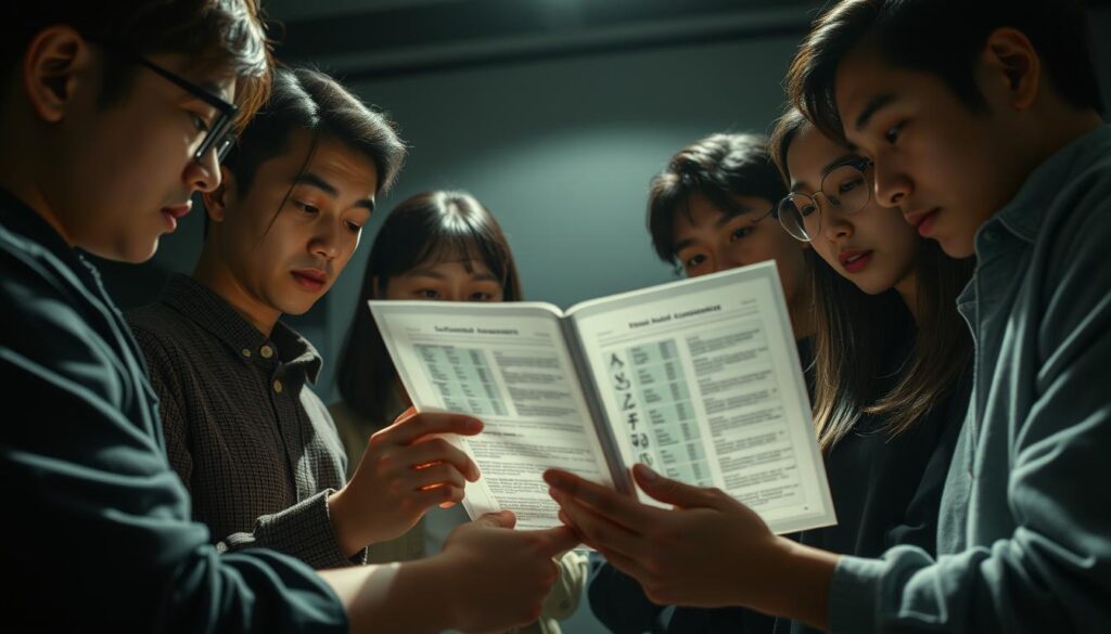 A group of young Japanese individuals examining a comprehensive psychological assessment report, their expressions a mix of introspection and determination. The lighting casts dramatic shadows, emphasizing the gravity of the moment as they ponder how to apply these insights to enrich their lives. The image has a cinematic, documentary-style feel, captured through a medium-wide lens that imparts a sense of intimacy and immersion. The overall mood is pensive yet purposeful, reflecting the profound impact of self-discovery through the MBTI framework.