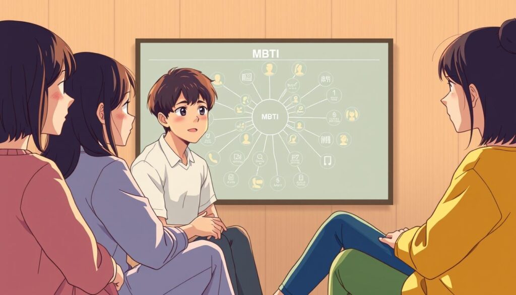 A group of young Japanese people sitting together, examining their MBTI personality types and compatibility on a large digital display. Warm, natural lighting illuminates their focused expressions as they analyze the intricate web of interpersonal connections between the 16 MBTI types. The scene conveys a sense of thoughtful discussion and self-discovery within a modern, minimalist setting. The image should capture the essence of understanding oneself and others through the lens of MBTI typology.