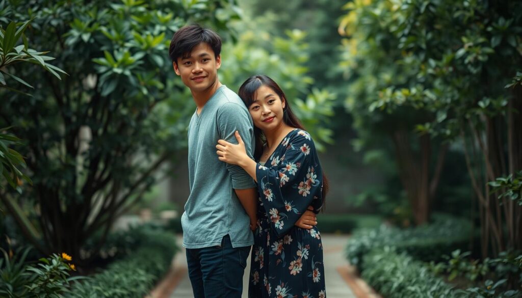 A harmonious scene of two individuals, an INTJ and an INFP, embracing in a serene garden. The pair stand in the foreground, their bodies intertwined, conveying a sense of deep connection and understanding. The middle ground features lush foliage, creating a natural, earthy backdrop that complements their youthful, Japanese-inspired features. Soft, diffused lighting bathes the scene, imbuing it with a warm, intimate atmosphere. The overall composition evokes a sense of balance, compatibility, and the blossoming of a transcendent partnership.