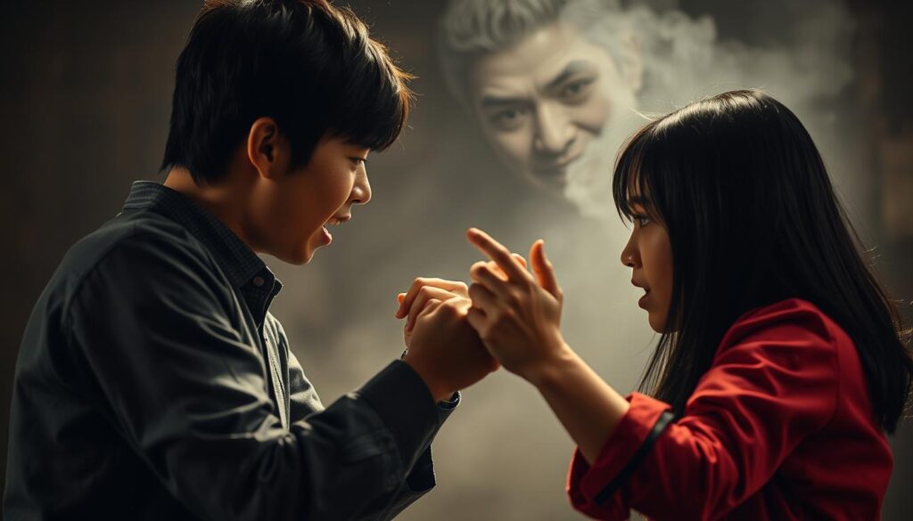 A heated confrontation between two young Japanese individuals, their faces etched with tension and conflicting emotions. The mid-ground is dominated by their tense, gesturing bodies, conveyed through dynamic, well-defined poses and lighting that casts dramatic shadows, heightening the sense of drama. The background is hazy, blurred, and indistinct, keeping the focus firmly on the central figures and their escalating interpersonal clash. The overall scene evokes a palpable sense of unease and discomfort, reflecting the "ISFJ-T" type's struggle with challenging relationship dynamics.