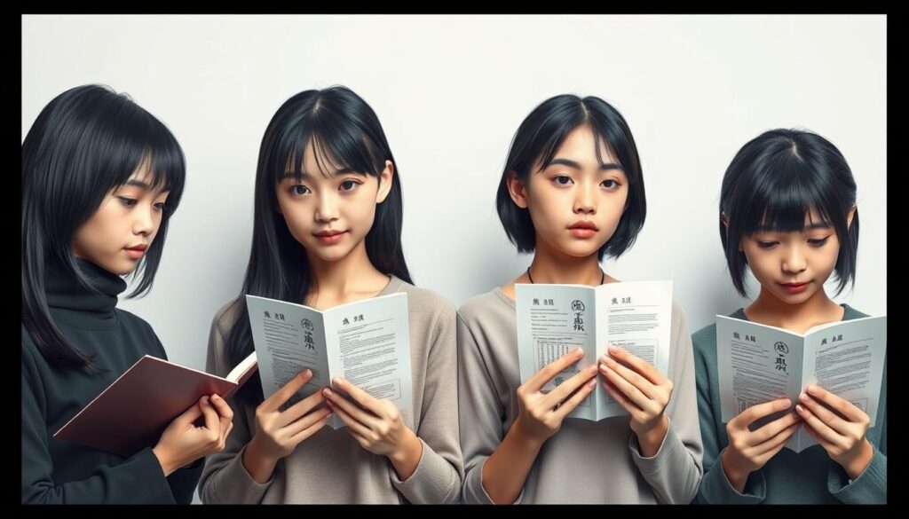 A high-contrast, realistic photograph showcasing a side-by-side comparison of four young Japanese-looking individuals, each engaging with a different personality assessment tool. The models have carefully styled black hair and serene expressions, set against a clean, minimalist background that allows the tools they are using to take center stage. The lighting is soft and diffused, creating depth and texture in the scene. The overall mood is contemplative and introspective, inviting the viewer to consider the nuances and differences between these popular self-discovery methods.