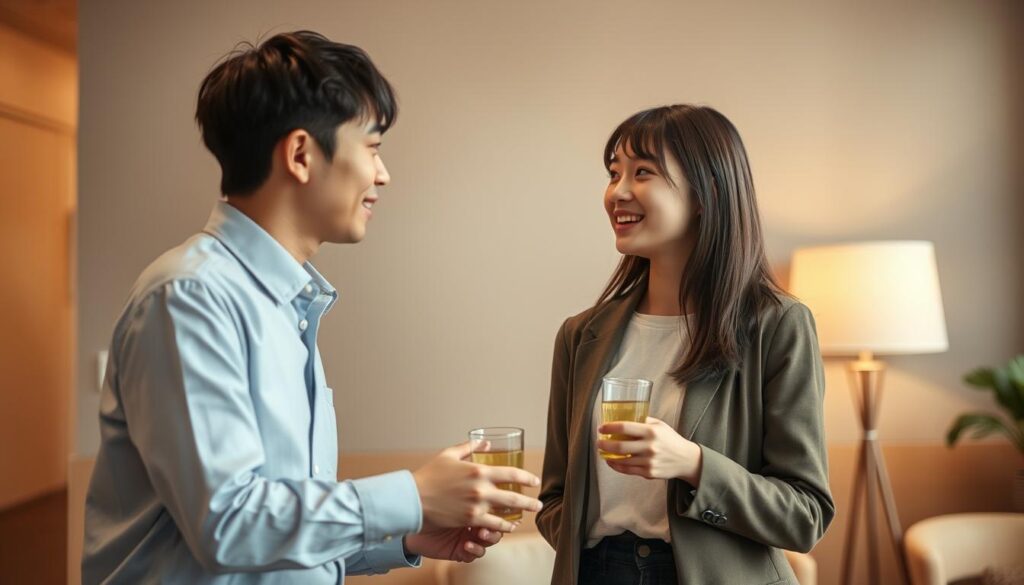 A intimate first meeting between two young Japanese professionals, captured in a natural, candid moment. The scene portrays a warm, inviting atmosphere, with soft lighting and a subtle blurred background that draws the viewer's focus to the dynamic exchange between the two individuals. Their body language and facial expressions convey a sense of friendly curiosity and open communication, hinting at the potential for a meaningful connection. The image aims to evoke the essence of that crucial initial encounter, where first impressions and initial rapport are established.