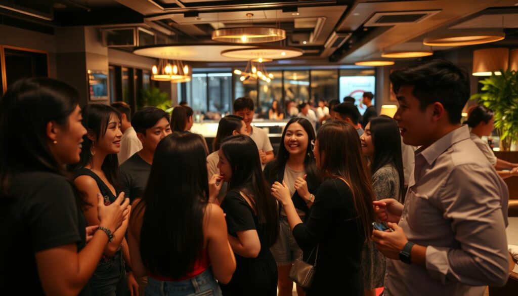 A lively party scene with a group of young, Japanese-looking people engaged in animated conversation. The foreground features a diverse group of friends mingling, gesticulating and laughing, capturing the social energy of the event. In the middle ground, a stylish bar area with mood lighting sets the relaxed, convivial atmosphere. The background depicts an open, modern space with sleek furnishings and tasteful decor, hinting at an upscale, urban venue. The lighting is warm and flattering, with a sense of movement and liveliness throughout the frame. The overall mood is one of youthful vibrancy, connection and effortless social interaction.