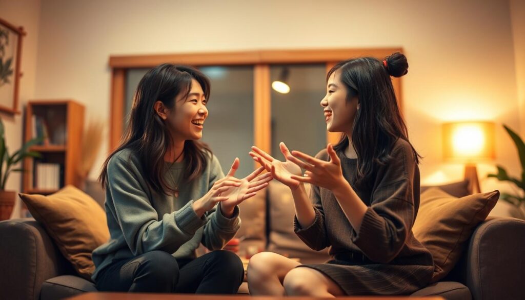 A lively social gathering of two outgoing ESFPs, their vibrant personalities radiating warmth and energy. Set in a cozy, inviting living room with soft lighting, the pair engage in animated conversation, gesturing expressively. Their body language speaks of genuine connection, as they lean in, making eye contact and sharing a laugh. The scene evokes a sense of easygoing camaraderie, reflecting the natural synergy between these extroverted, feeling-oriented personalities. Warm tones and a relaxed, informal atmosphere surround the youthful, Japanese-inspired figures, capturing the essence of an ESFP-ESFP friendship.
