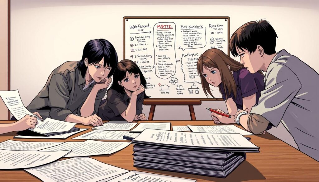 A meticulous analysis of diagnostic questionnaire examples, showcasing the intricacies of the MBTI assessment process. The scene depicts a table with several documents, reports, and notes meticulously arranged, reflecting the thoughtful examination of these key elements. The lighting is soft and warm, creating an atmosphere of focused study and diligent inquiry. In the foreground, a group of young, Japanese-looking individuals lean over the table, their expressions contemplative as they delve into the details of the MBTI indicators. The middle ground features a chalkboard or whiteboard, upon which relevant concepts and insights are illustrated, guiding the understanding of this crucial self-assessment tool. The background provides a serene, minimalist setting, allowing the subject matter to take center stage.