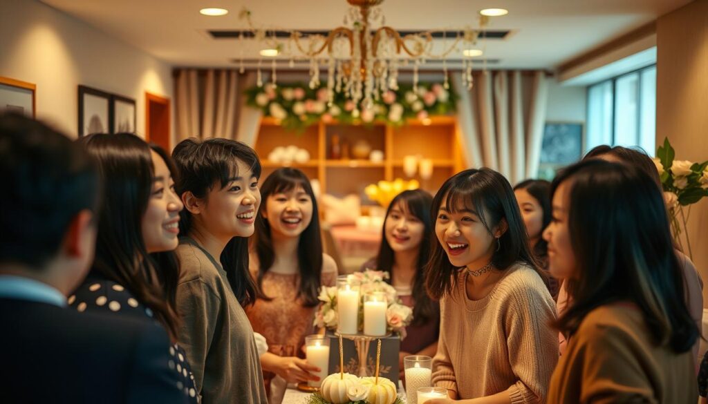 A meticulously planned surprise party unfolds with meticulous precision. In the foreground, a group of young, Japanese-looking people gather excitedly, their faces alight with anticipation. The middle ground reveals a carefully decorated room, with delicate floral arrangements, warm lighting, and subtle hints of whimsy. In the background, a sense of order and organization prevails, conveying the thoughtful execution of this special occasion. The overall atmosphere is one of joyful celebration, where the element of surprise is balanced by a keen attention to detail and a deep appreciation for the recipient of this heartfelt gesture.