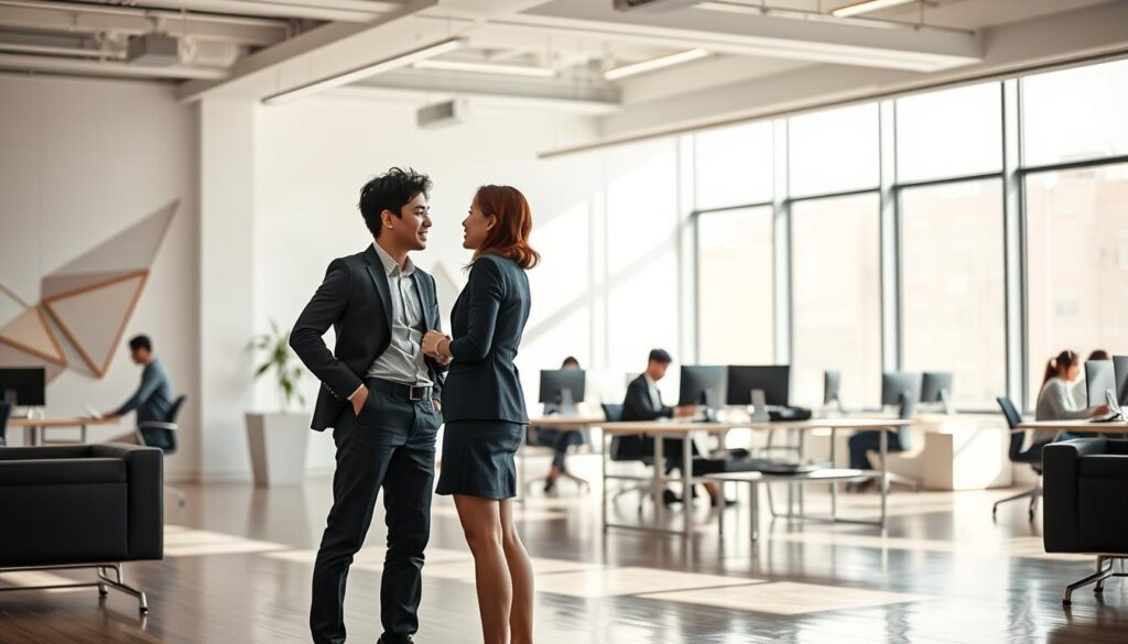 A modern, well-lit open-plan office with sleek minimalist furniture and plenty of natural light. In the foreground, two young Japanese professionals, a male and a female, stand facing each other, engaged in a friendly discussion. Their body language suggests a comfortable rapport, with subtle cues of mutual understanding and compatibility. In the middle ground, other colleagues work diligently at their desks, creating a sense of a dynamic, collaborative workplace. The background features abstract, geometric patterns on the walls, conveying a sense of order and professionalism. The overall mood is one of productivity, cooperation, and positive interpersonal dynamics.