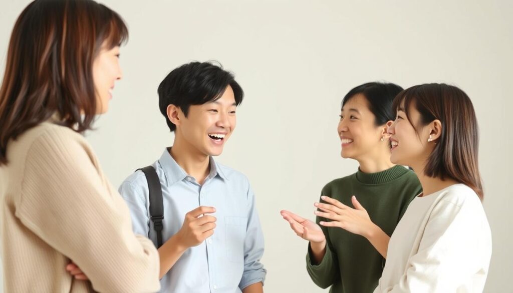 A pair of young, Japanese-looking individuals engaged in a lively, direct conversation. The scene is captured in a realistic photographic style, with natural lighting and a clean, minimalist background that allows the focus to remain on the interaction between the two figures. Their body language and facial expressions convey a sense of openness, honesty, and active listening, reflecting the importance of direct communication. The overall mood is warm and sincere, capturing the essence of the section title "The Importance of Direct Communication".