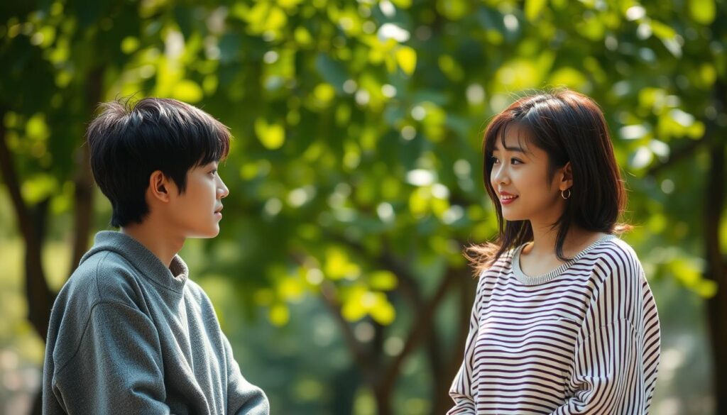 A peaceful outdoor scene with two young Japanese individuals conversing in a natural, relaxed manner. Soft natural lighting illuminates their faces, creating a warm and inviting atmosphere. The figures are positioned in the foreground, with a blurred, lush green foliage backdrop providing a serene and tranquil setting. The scene conveys a sense of effortless communication, where the subjects' body language and expressions suggest a genuine, unforced exchange. The camera angle is slightly elevated, capturing the interaction from an objective, observational perspective. Overall, the image portrays a visually compelling example of comfortable, emotion-free communication.
