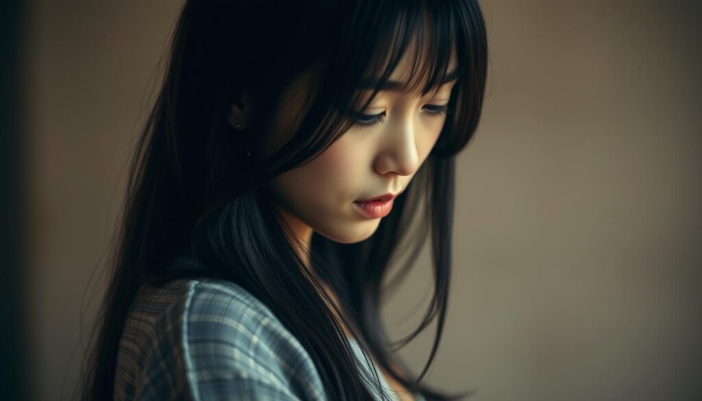 A pensive young Japanese woman stands with a bashful, downcast gaze, her long dark hair framing her delicate features. Soft, warm lighting illuminates her face, conveying a sense of introspection and subdued emotional expression. The background is blurred, drawing the viewer's focus to the subject's subtle yet poignant body language, suggesting a reserved yet earnest disposition towards affection.