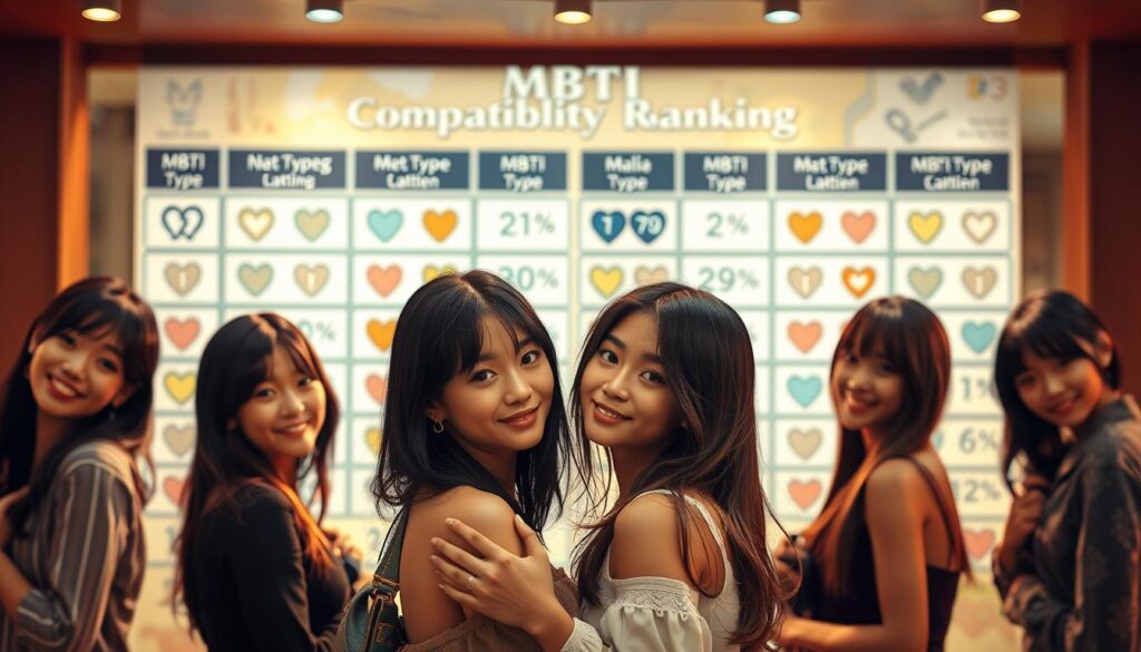 A richly detailed scene depicting an MBTI relationship compatibility ranking. In the foreground, a group of youthful Japanese-looking models pose in various romantic poses, their expressions conveying the dynamics of different MBTI pairings. The middle ground features a stylized graphic backdrop with MBTI type icons and compatibility percentages. The background is softly blurred, creating a dreamlike atmosphere. Warm, natural lighting illuminates the models, capturing their lifelike features and gestures. The overall mood is one of relatable, visually-striking MBTI relationship insights.