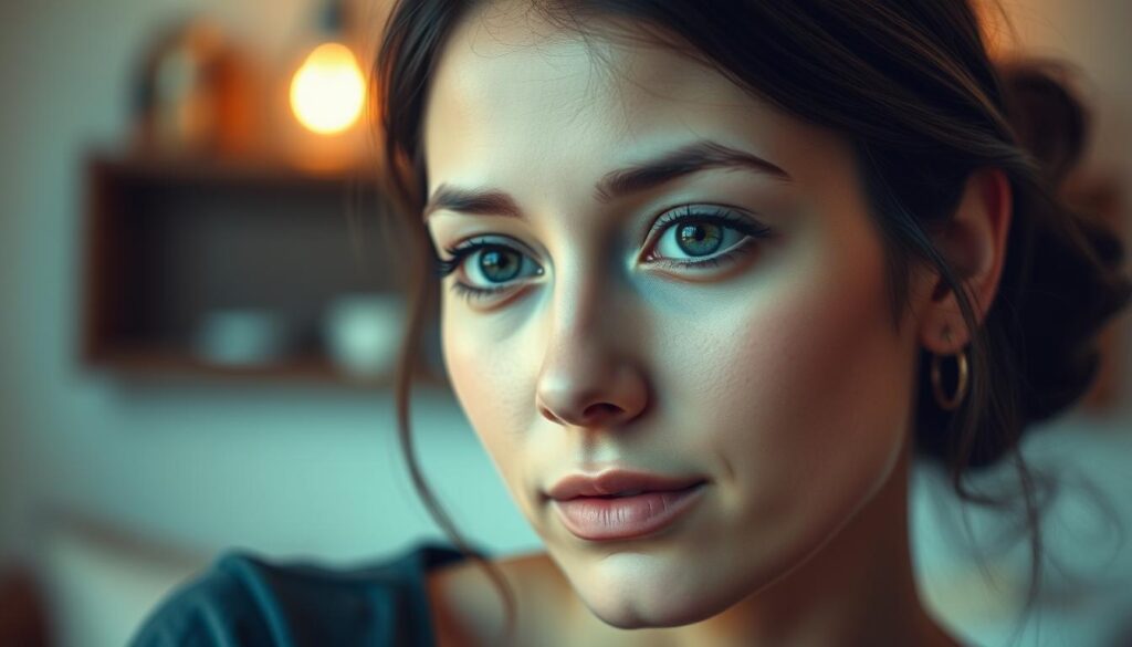 A romantic portrait of an attractive ISFJ-T individual, their gentle and caring nature shining through a pensive gaze. Soft lighting illuminates their delicate facial features, capturing the introspective mood. The subject is framed against a blurred, pastel-toned background, hinting at the ISFJ-T's preference for intimate, harmonious relationships. The composition emphasizes the subject's earnest expression, conveying the thoughtfulness and loyalty characteristic of this personality type. A lens with a shallow depth of field accentuates the tranquil, almost dreamy atmosphere, reflecting the ISFJ-T's tendency to prioritize emotional connection and domestic bliss in their romantic pursuits.