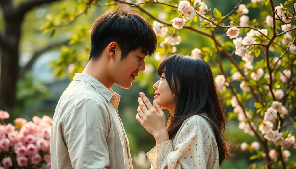 A romantic scene of a young Japanese couple expressing their affection. In the foreground, the pair stand close together, their eyes locked in an intimate gaze, fingers intertwined. Warm, soft lighting illuminates their faces, conveying a sense of tenderness and vulnerability. In the middle ground, a lush, natural setting with blooming flowers and verdant foliage provides a picturesque backdrop, evoking a secluded, serene atmosphere. The overall mood is one of genuine, heartfelt connection, capturing the outward manifestations of the couple's deep emotional bond.