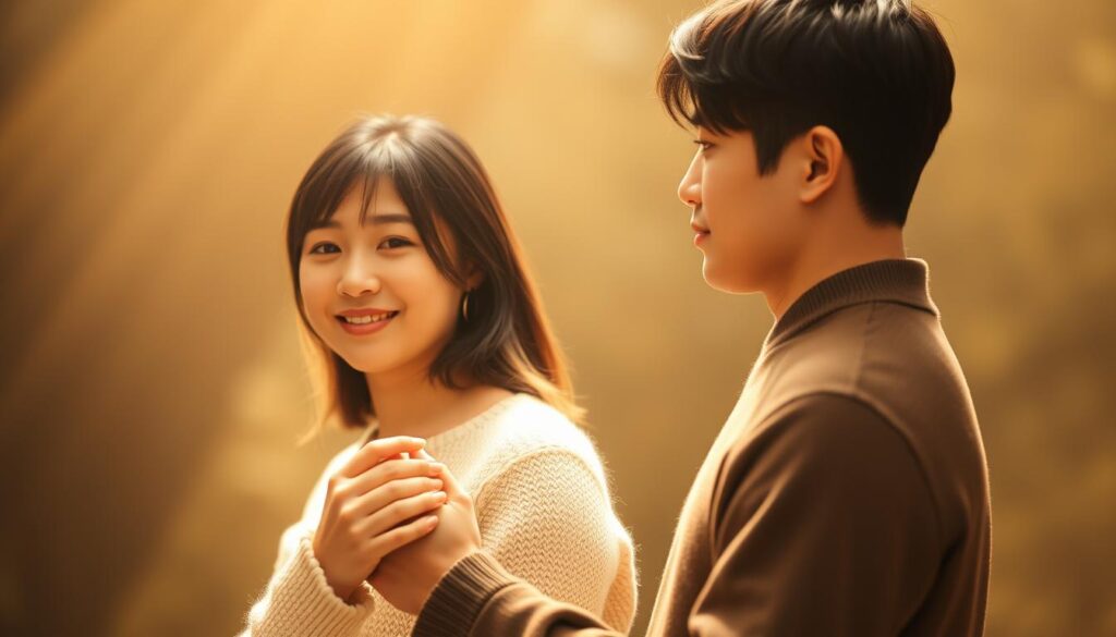 A romantic scene of mutual understanding and connection. A young Japanese-looking couple, their faces exuding tenderness and affection, stand in a warm, softly-lit setting. The woman gently holds the man's hand, her eyes locked with his, conveying a deep, intuitive bond. The background is hazy, placing the focus on their intimate moment, capturing the essence of complementary energies in a loving relationship. The soft lighting casts a dreamy, ethereal atmosphere, symbolizing the harmony and balance they share. A touching depiction of the beautiful synergy between ESTP and ENFP personalities in love.